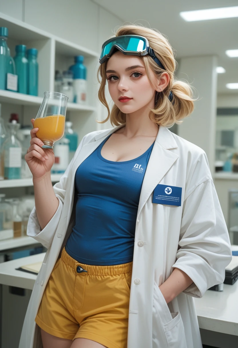 12 year old girl, dutch dark blonde, in a lab, wearing blue tanktop, yellow shorts and a white labcoat, goggles, holding 2 vials in her hand