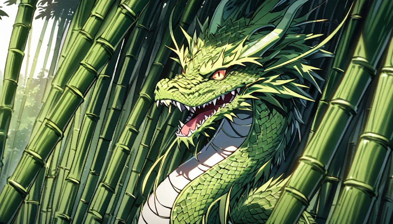 An Asian serpentine dragon, flowing through a dense bamboo forest weaving effortlessly between bamboo, stalking the viewer, menacing look
