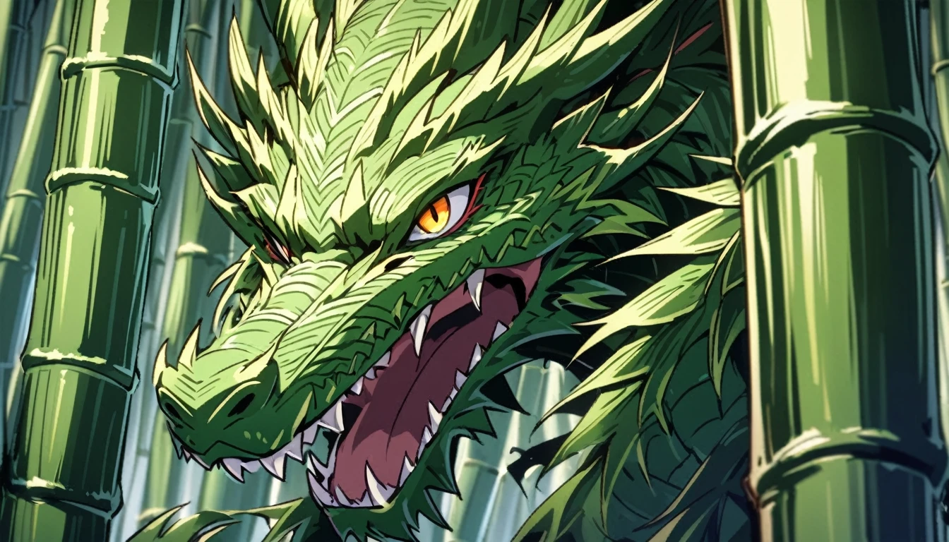 An Asian serpentine dragon, flowing through a dense bamboo forest weaving effortlessly between bamboo, stalking the viewer, menacing look