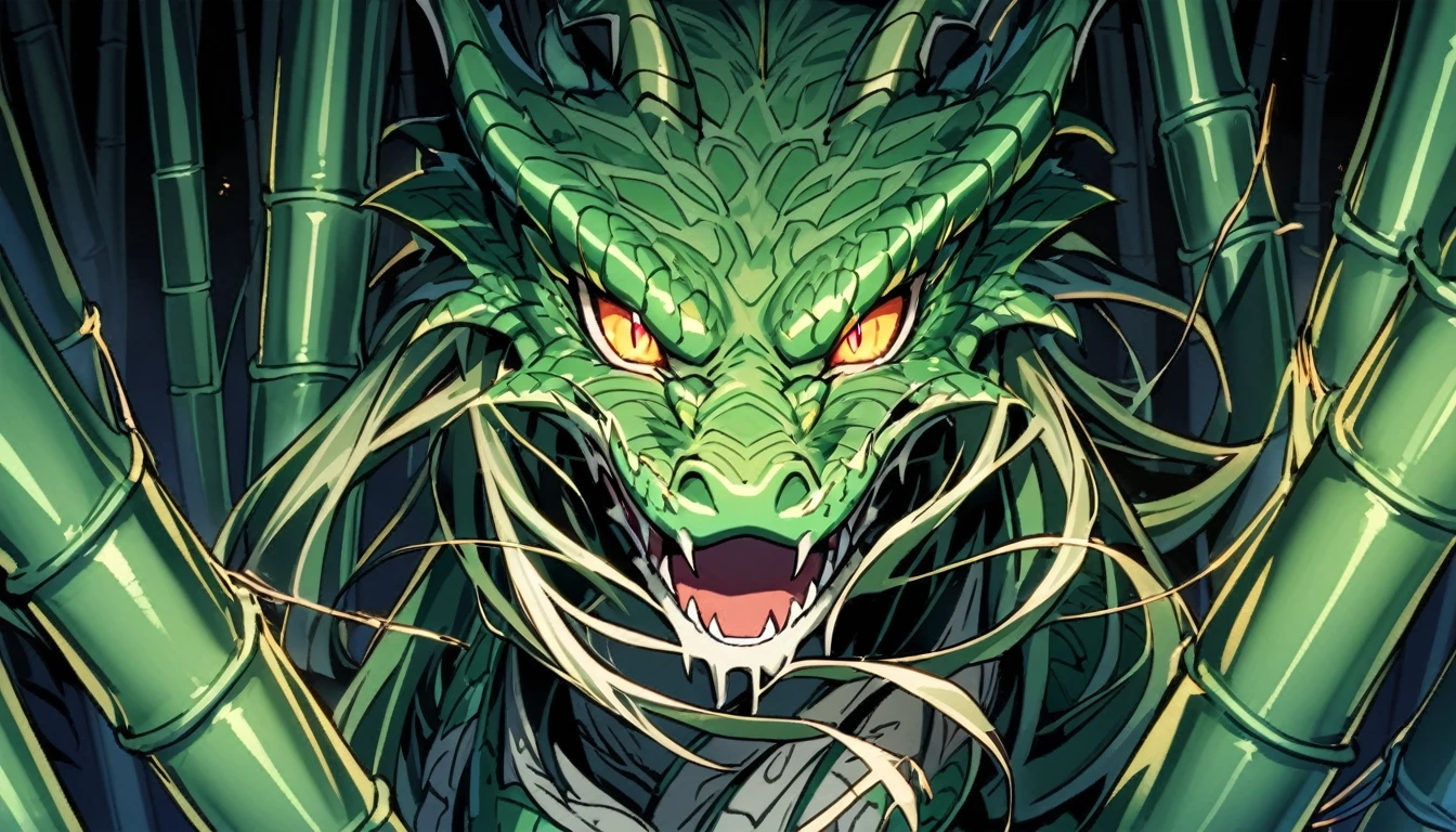 An Asian serpentine dragon, flowing through a dense bamboo forest weaving effortlessly between bamboo, stalking the viewer, menacing look