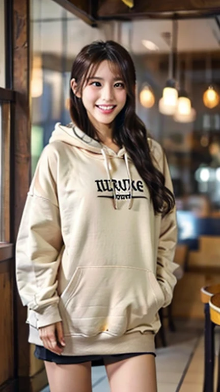 A Japanese milf, photo of one girl, Slender figure, Realistic teeth, wearing oversized hoodie, smile, full-body, masterpiece, best quality, detailed, beauty, Pub, indoor,