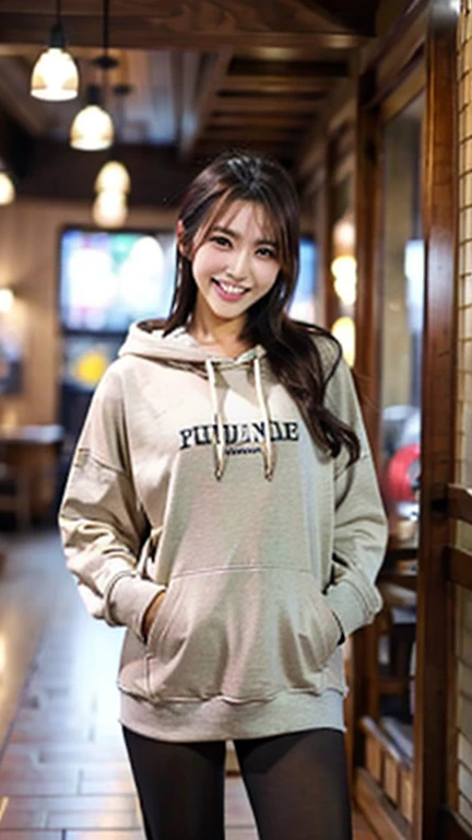 A Japanese milf, photo of one girl, Slender figure, Realistic teeth, wearing oversized hoodie, smile, full-body, masterpiece, best quality, detailed, beauty, Pub, indoor,