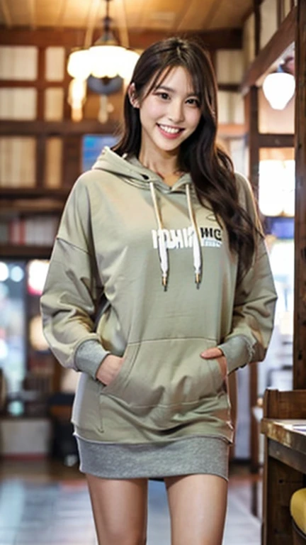 A Japanese milf, photo of one girl, Slender figure, Realistic teeth, wearing oversized hoodie, smile, full-body, masterpiece, best quality, detailed, beauty, Pub, indoor,