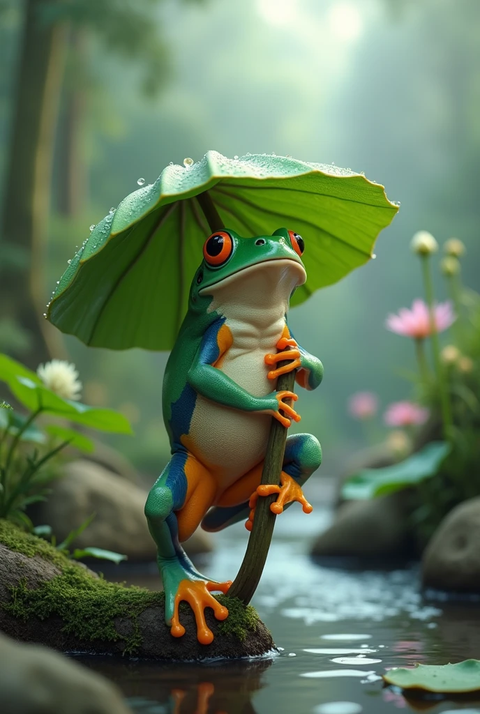 A fat green tree frog,Ultra-realistic,high resolution,Standing with a lotus leaf umbrella,letters on the screen,The background is a small stream deep in the mountains,The frog is standing on a twig, facing away from the viewer.