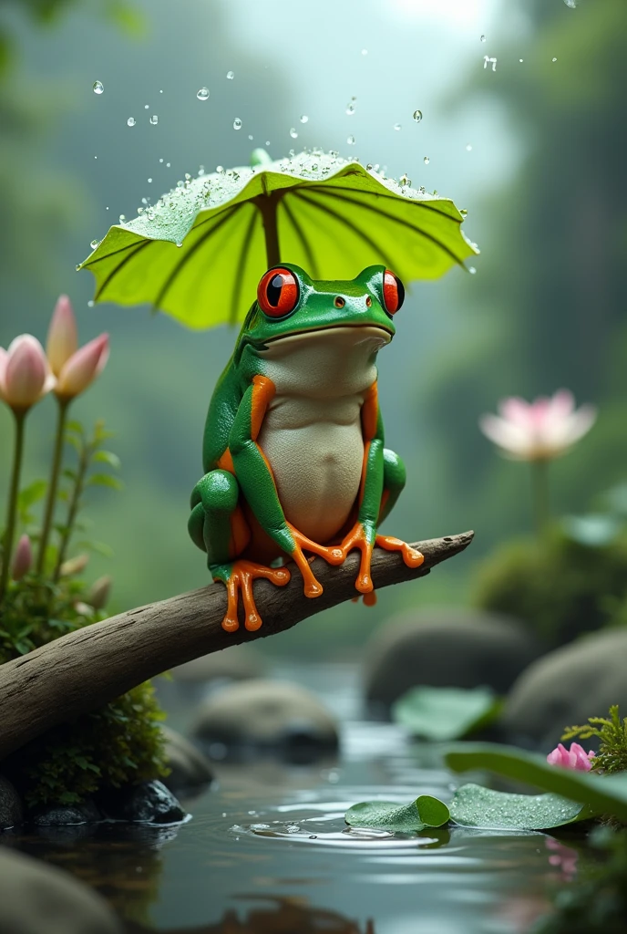 A fat green tree frog，Ultra-realistic，high resolution，Standing with a lotus leaf umbrella，letters on the screen,The background is a small stream deep in the mountains，The frog is standing on a twig, facing away from the viewer.