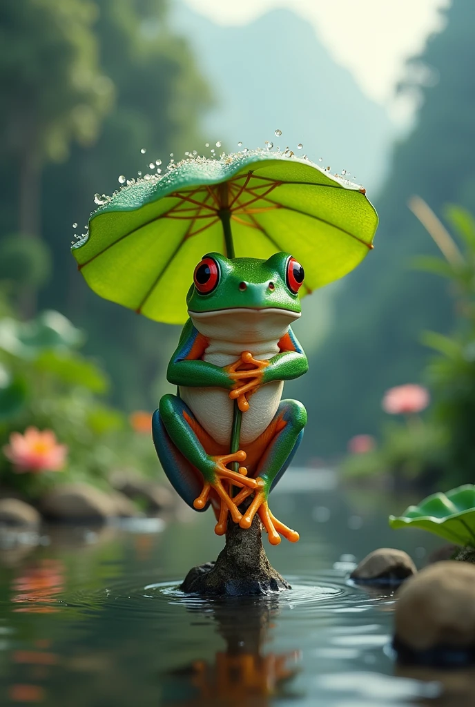 A fat green tree frog,Ultra-realistic,high resolution,Standing with a lotus leaf umbrella,letters on the screen,The background is a small stream deep in the mountains,The frog is standing on a twig, facing away from the viewer.