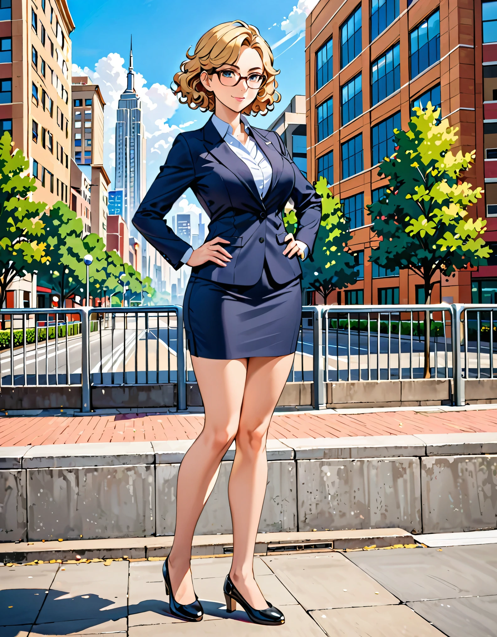 masterpiece, best quality, hires, 1girl, medium breasts, suit, skirt, pencil skirt, bare legs, glasses, shoes, city backdrop, solo, single, hands on hip, standing, full body shot, cowboy shot, beautiful detailed eyes, beautiful detailed face, (blonde hair, (short hair, wavy hair)), high school backdrop, outdoors, mature lady, teacher, perfect body, good proportions