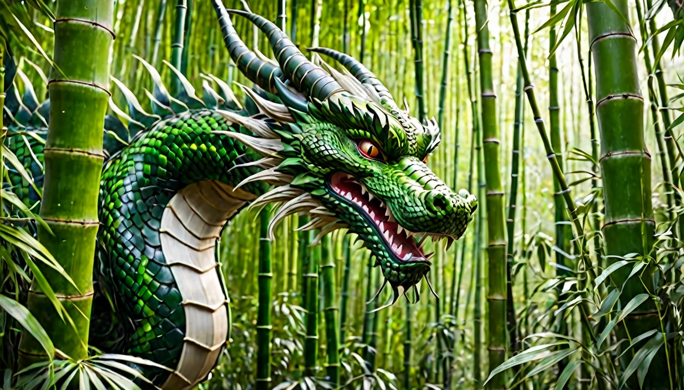 An Asian serpentine dragon, flowing through a dense bamboo forest weaving effortlessly between bamboo, stalking the viewer, menacing look