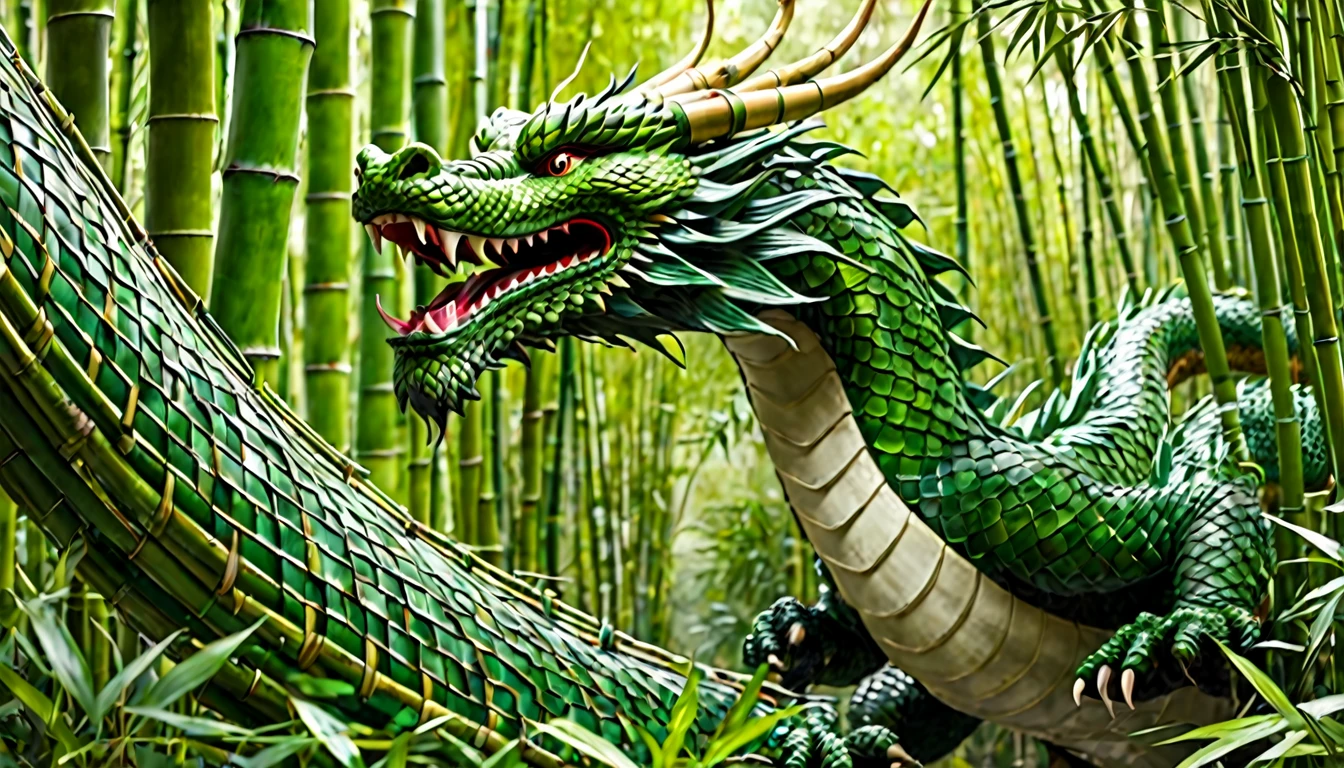 An Asian serpentine dragon, flowing through a dense bamboo forest weaving effortlessly between bamboo, stalking the viewer, menacing look