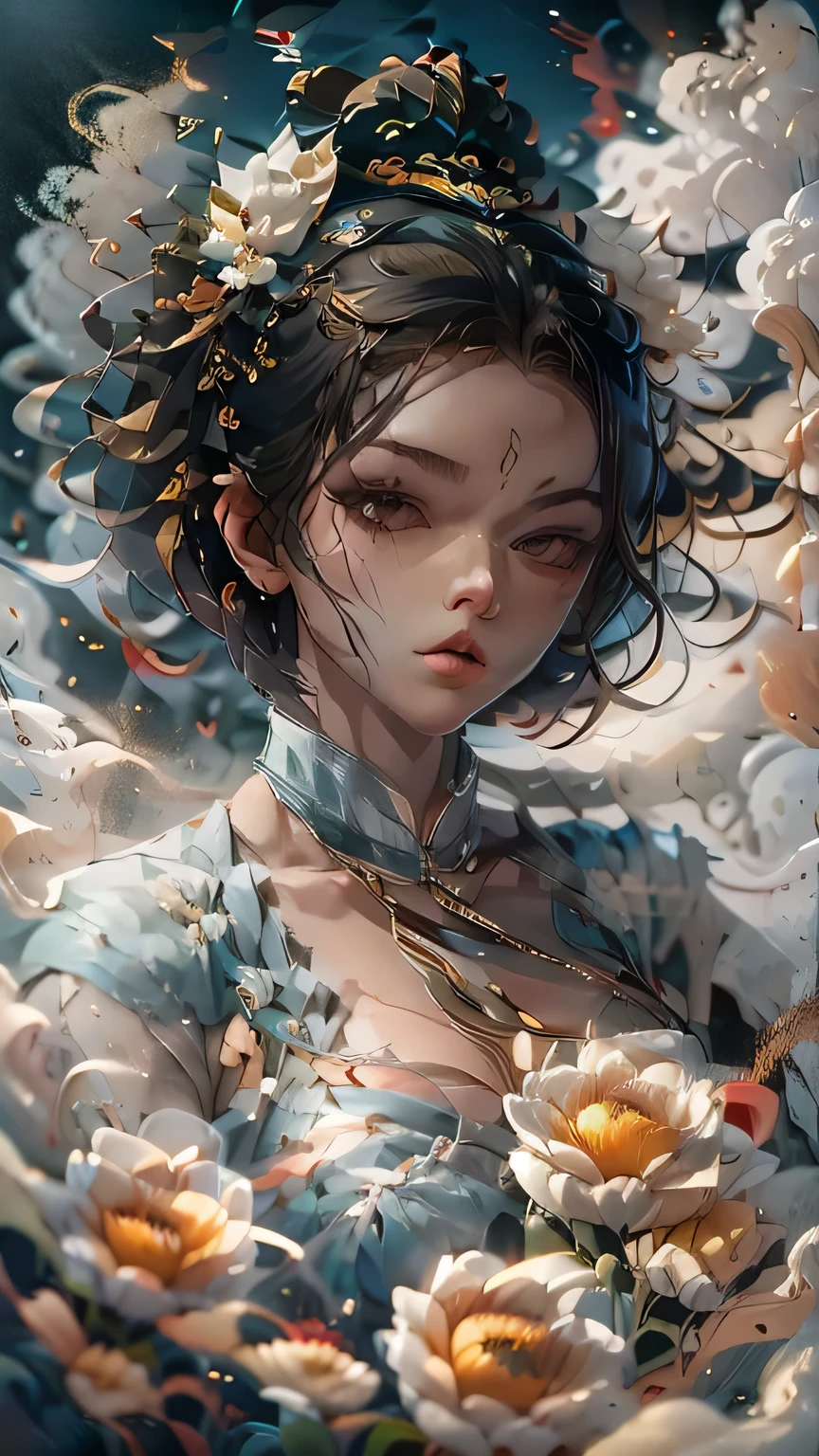 Fantasy，8k,Highly detailed CG unit wallpaper, masterpiece,High resolution,Highest quality,Highest quality real texture skin,,Increase the resolution,RAW Photos,Highest quality,Very detailed,wallpaper,Cinema Lighting,Ray Tracing,Golden Ratio, Very colorful,Colorful otherworldly extremely, cute anime face, (((Flat Chest))), (Flat Chest:1.1),((((Short Bob Hair)))),Complex eyes,beautiful detailed eyes,Symmetrical eyes,(((Details face))),beautiful detailed lips, Young Face,Short stature，Pretty face， (((Embarrassing))),(Lips waiting for a kiss),(My heart is pounding with anticipation.)、Transparent camisole,(very noble ,, godliness,Three thousand worlds,infinite happiness,joy,no gravity,milky way,background\(heaven\),in the Thick Fog,(Thick Fog:1.5)\),\(below heaven,look up\),(Thick Fog:1.5)，Color is empty，Urgent as a command，Wide-angle lens，Wide composition，Benzaiten，Lotus flower in full bloom，5th Dimension，Dazzling light envelops the world，Numerous stars々，A brilliant sky