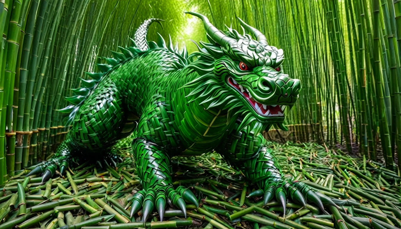 An Asian serpentine dragon, flowing through a dense bamboo forest weaving effortlessly between bamboo, stalking the viewer, menacing look
