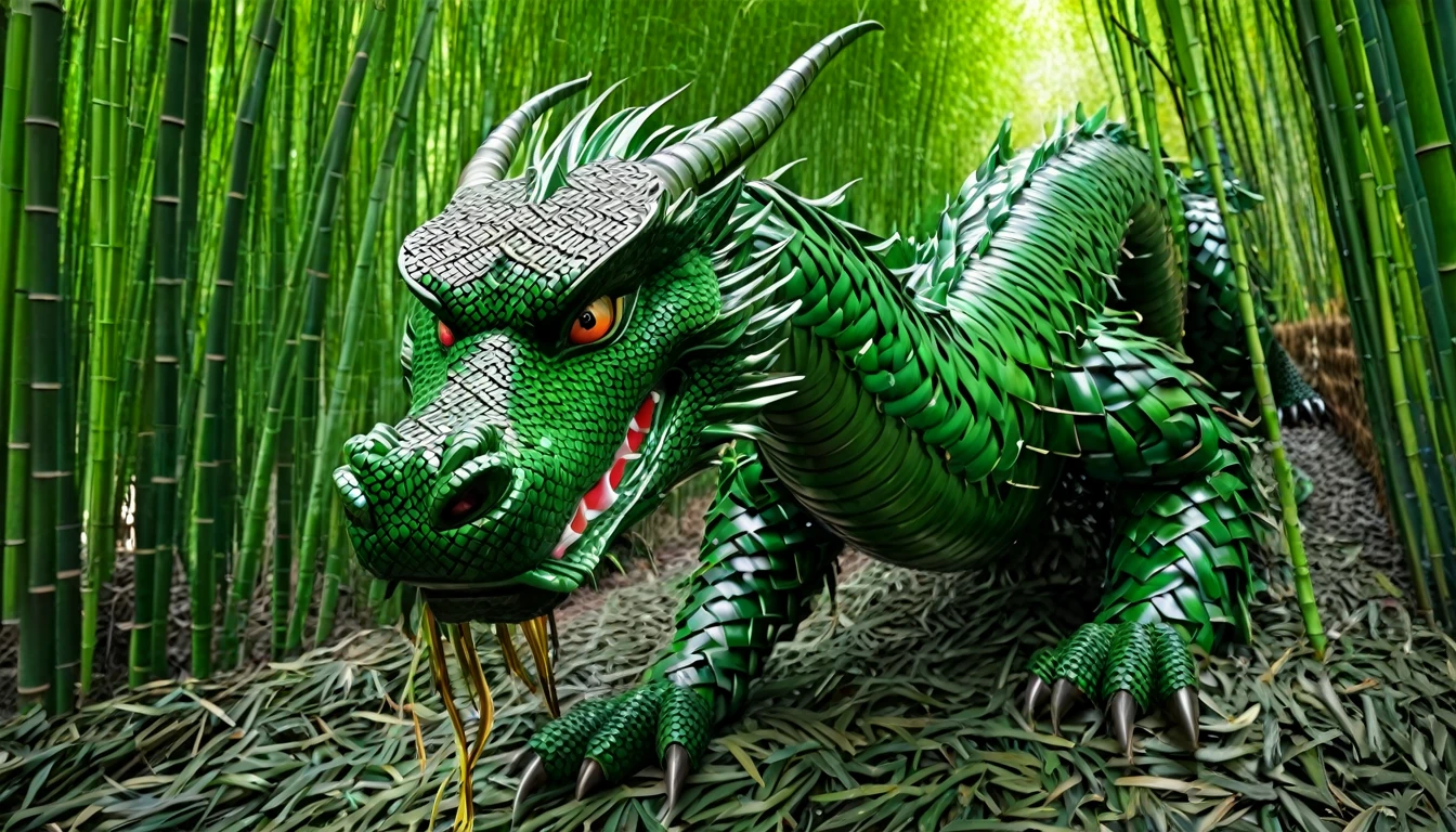 An Asian serpentine dragon, flowing through a dense bamboo forest weaving effortlessly between bamboo, stalking the viewer, menacing look