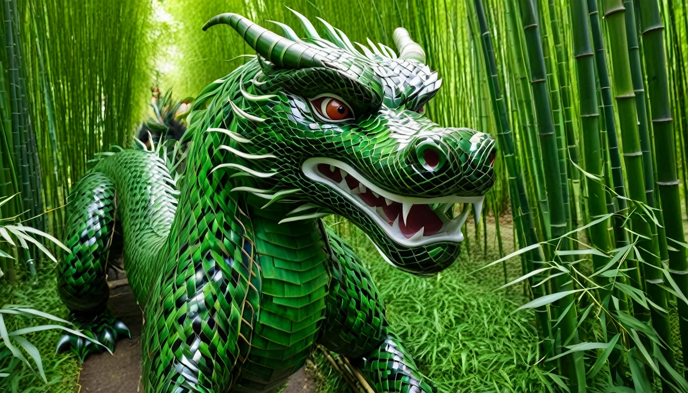 An Asian serpentine dragon, flowing through a dense bamboo forest weaving effortlessly between bamboo, stalking the viewer, menacing look