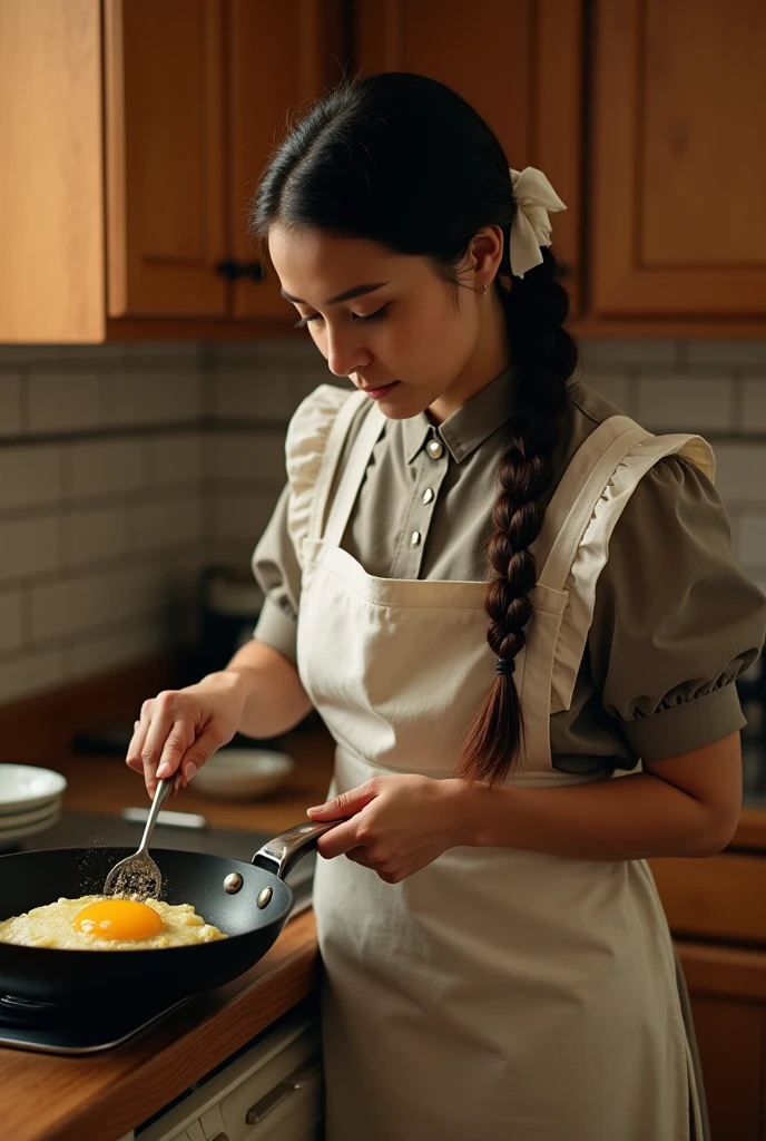 masterpiece, Highest quality, One person, alone,Simple kitchen、 holding the handle of the frying pan、Dark brown braid、Tamagoyaki、Maid clothes、