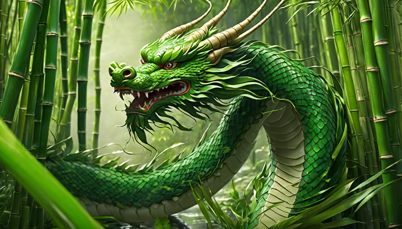 An Asian serpentine dragon, flowing through a dense bamboo forest weaving effortlessly between bamboo, stalking the viewer, menacing look