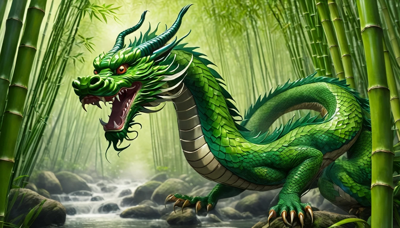 An Asian serpentine dragon, flowing through a dense bamboo forest weaving effortlessly between bamboo, stalking the viewer, menacing look