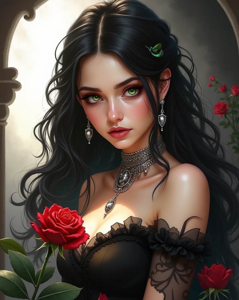 A mysterious sorceress stands amidst a velvety darkness, her raven tresses cascading like a waterfall of night. Her emerald gaze pierces through the shadows, as intricate silver jewelry adorns her neck and ears, hinting at an ancient mystique. A crimson rose blooms beside her, its delicate petals unfolding like a whispered secret. The dramatic lighting casts long shadows across her porcelain skin, as she stands poised in a scene of quiet contemplation, beckoning the viewer to unravel the enigma.