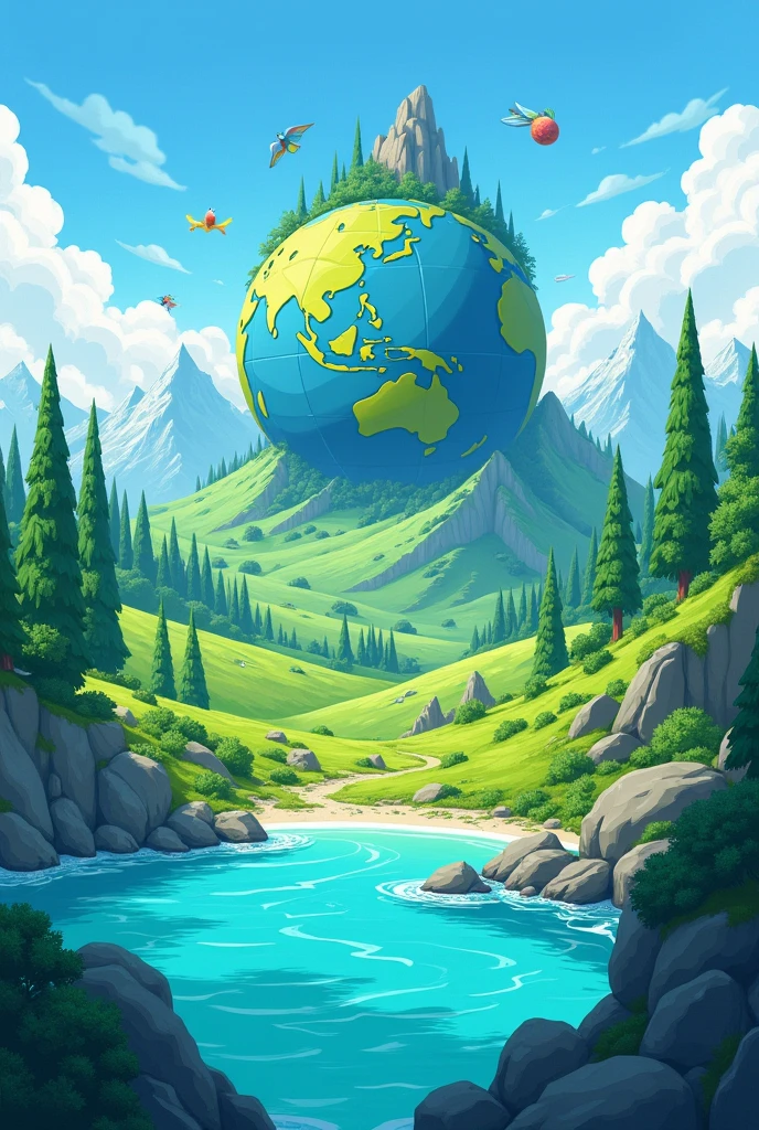  The earth emerges from the water, mountains and valleys are formed mountains and valleys, and immediately the cypress and pine trees sprouted. cartoon

