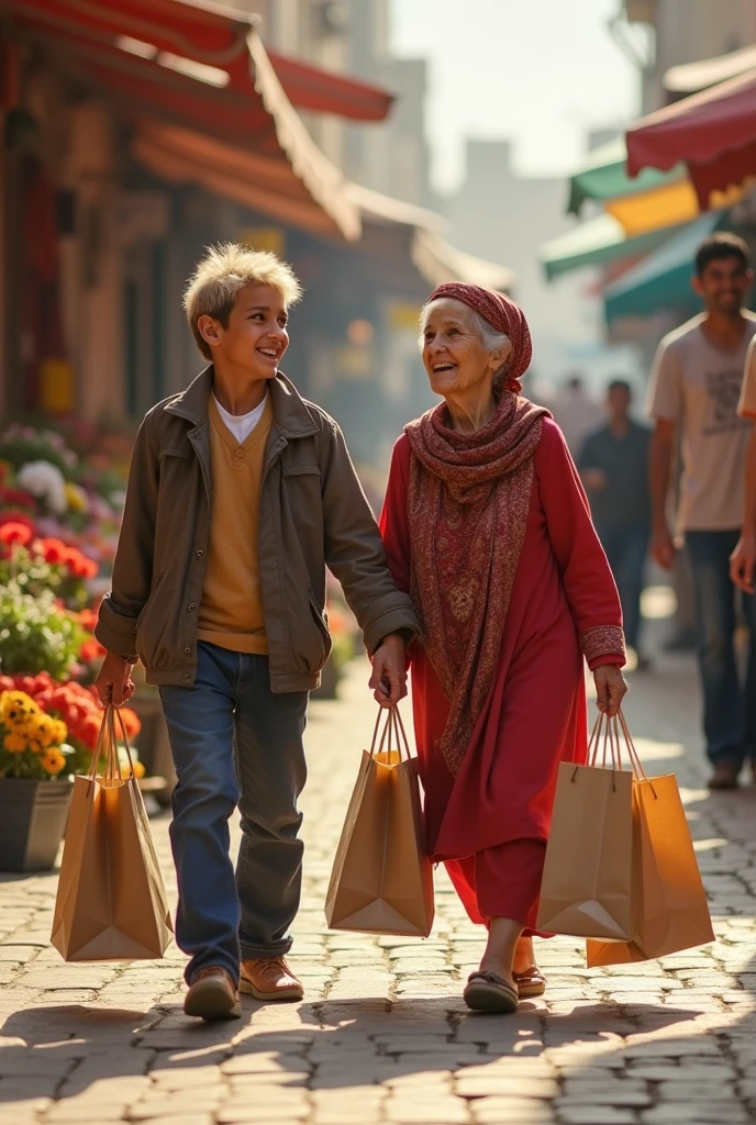 A boy named Hasan, Hasan helped an old grandmother carry her shopping with a big smile on her face, the grandmother looked happy and grateful.