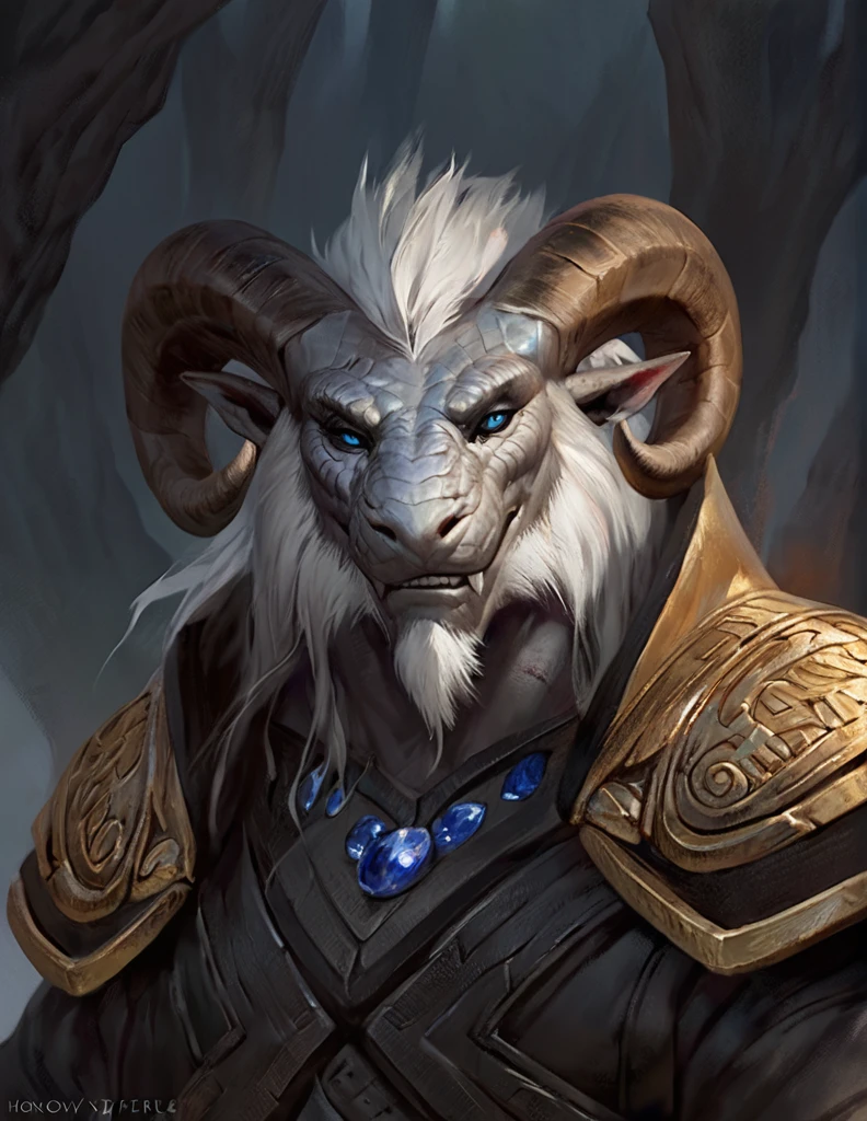 a ferocious male lizardfolk sellsword, muscular detailed body, strong facial features, seductively grinning, ram horns with red runes etched into them, long white mane/beard, sapphire/white scales, beautiful detailed gold eyes, black sclera, masculine pose, tall, leather armor, gold cloak, comic book style, best quality, 4k, ultra-detailed, realistic, dark fantasy, by laobai, by taran fiddler, by honovy, by darkgem, high resolution, insane definition