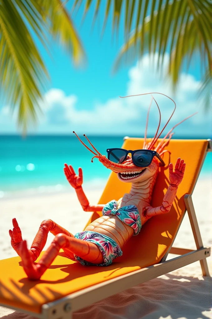 a stylish shrimp, Wearing a colorful bikini, maybe with tropical prints. He has a wide smile and sunglasses on the tip of his "head", while relaxing on a sun lounger by the sea. Ao fundo, there are swaying palm trees and a radiant blue sky. The image conveys a summery and relaxed vibe.!
