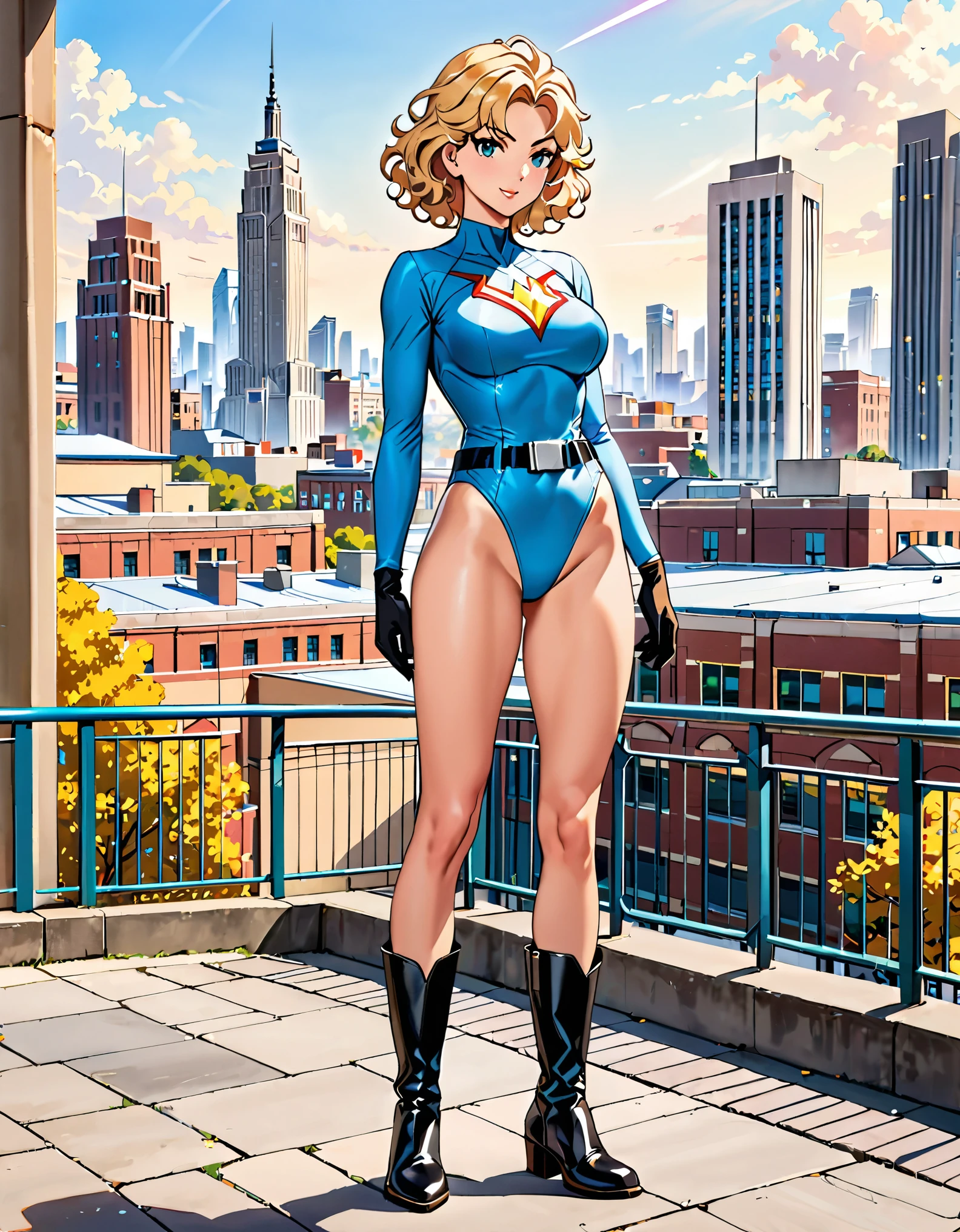 masterpiece, best quality, hires, 1girl, medium breasts, ((leotard, light blue leotard)), long sleeves, (lighting bolt /(emblem on chest/), (bare legs), ((fastened tight belt)), black boots, matching boots, black gloves, city backdrop, solo, single, standing, full body shot, cowboy shot, superhero, beautiful detailed eyes, beautiful detailed face, blonde hair, (short hair), wavy hair, high school backdrop, outdoors, mature lady, teacher, perfect body, good proportions