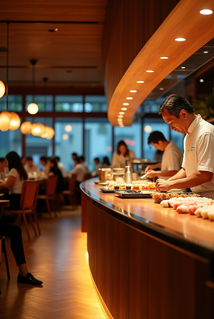 Interior of a sushi restaurant shot from the left diagonal above。There is a curved counter on the right and a display case with fish.。There are quite a few customers eating sushi。All Japan。
A middle-aged, skilled sushi chef is making sushi。
