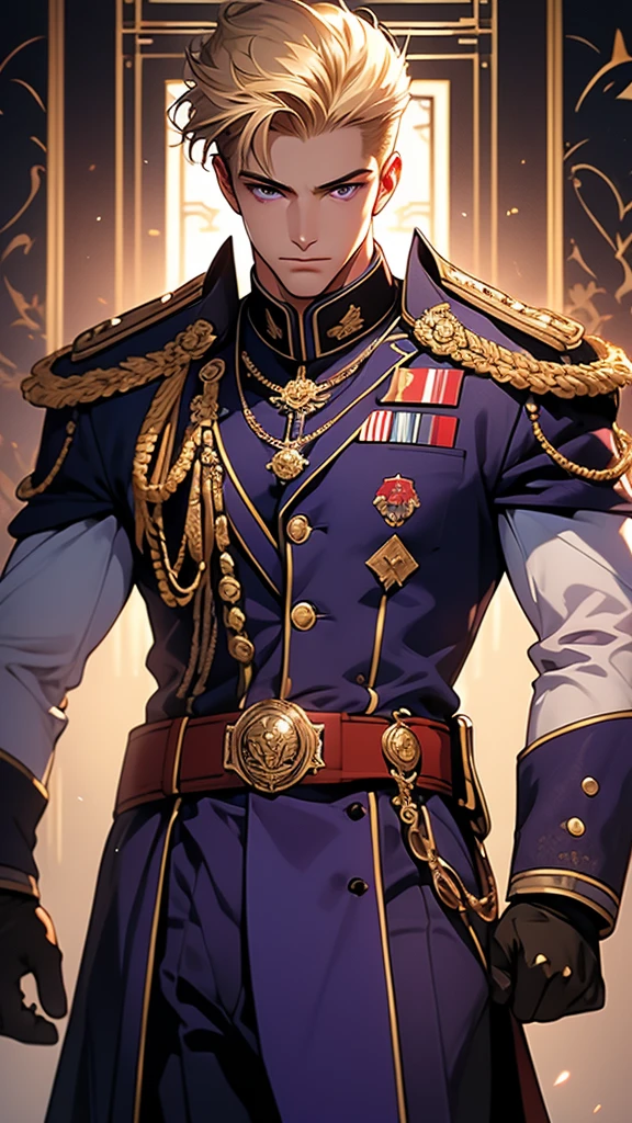 (masterpiece, Highest quality, Very detailed, Best Shadow), (Detailed Background,) SF Liberator Captain Blonde Young Strong Confident Healthy Strong Military Uniform Male , purple eyes, Dinner .