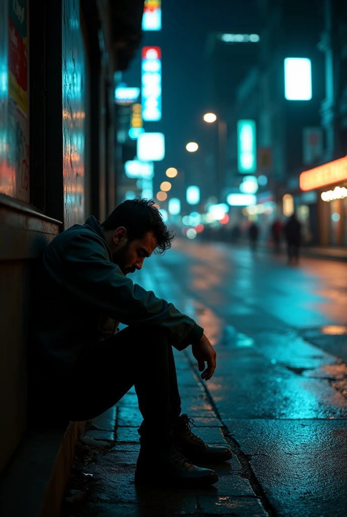 A man site in the street alone and depressed about carious and family pressure and  everyone rudly behave to this man  and feel bad in night  light and feourse environment 