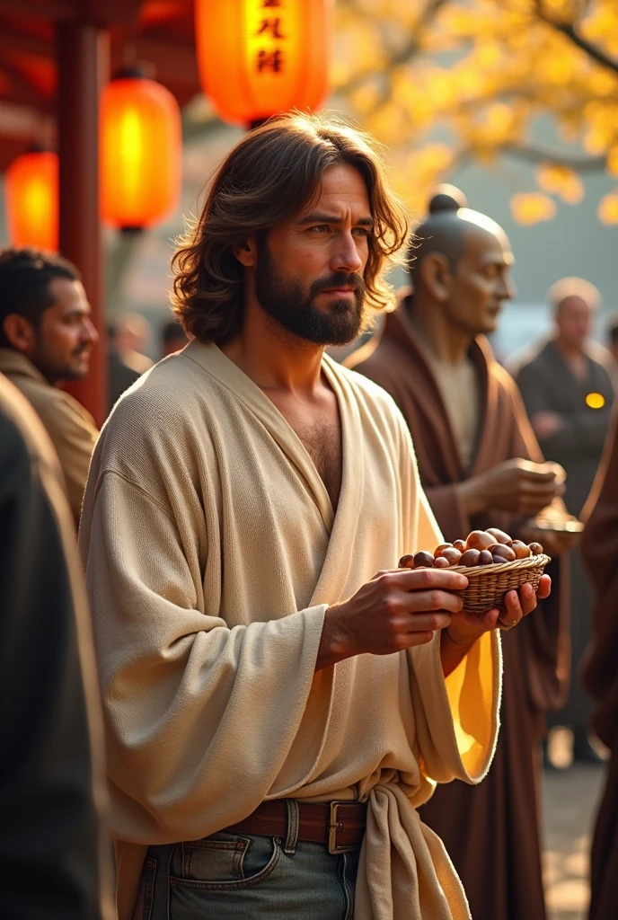 Jesus Christ eating chestnuts and a monk resembling Buddha. they are shining. Jesus is wearing an off-white knit top and jeans. Jesus of Nazareth is depicted as a gentle, gentle man with shoulder-length hair. His wavy brown hair cascades over his shoulders. His face conveys deep wisdom and empathy, radiating warmth and understanding. Autumn in Japan. Ginkgo leaves are falling. Autumn festival. stall. Lantern. Highly detailed, trending at the art station, sharp focus, studio shot, intricate details, Greg Rutkowski,