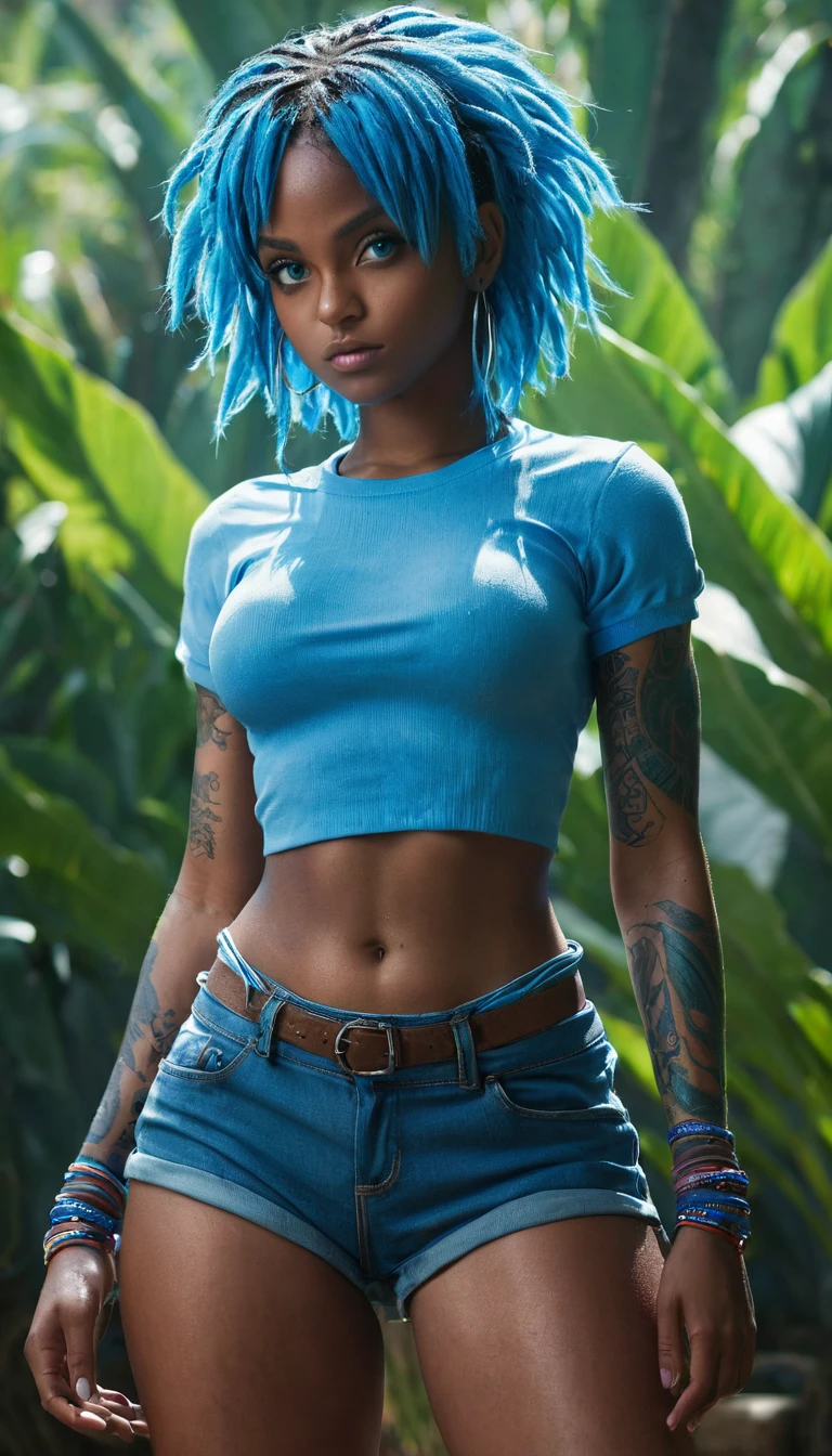 (best quality, 4k, 8k, highres, masterpiece:1.2), ultra-detailed ,illustration, full body portrait of a 20yo dark black woman bulma with glowing blue eyes, glowing blue eyes, cute lustful woman with blue dreadlocks, (passionate), gigantic breasts in croptop shirt, wide hips, wet skin, back to the camera, tribal tattoos, (gorgeous:1.2), detailed face, soothing tones, high contrast, (natural skin texture, hyperrealism, soft light, sharp), glowing blue eyes, standing away from camera, 1girl, Solo, High Resolution, full body Looking at viewer, bulma dragon ball z character