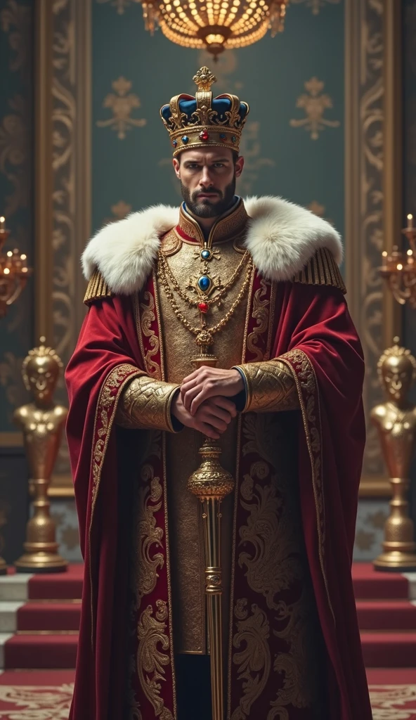 Imposing, strong and handsome emperor with European features wearing a crown and holding a scepter