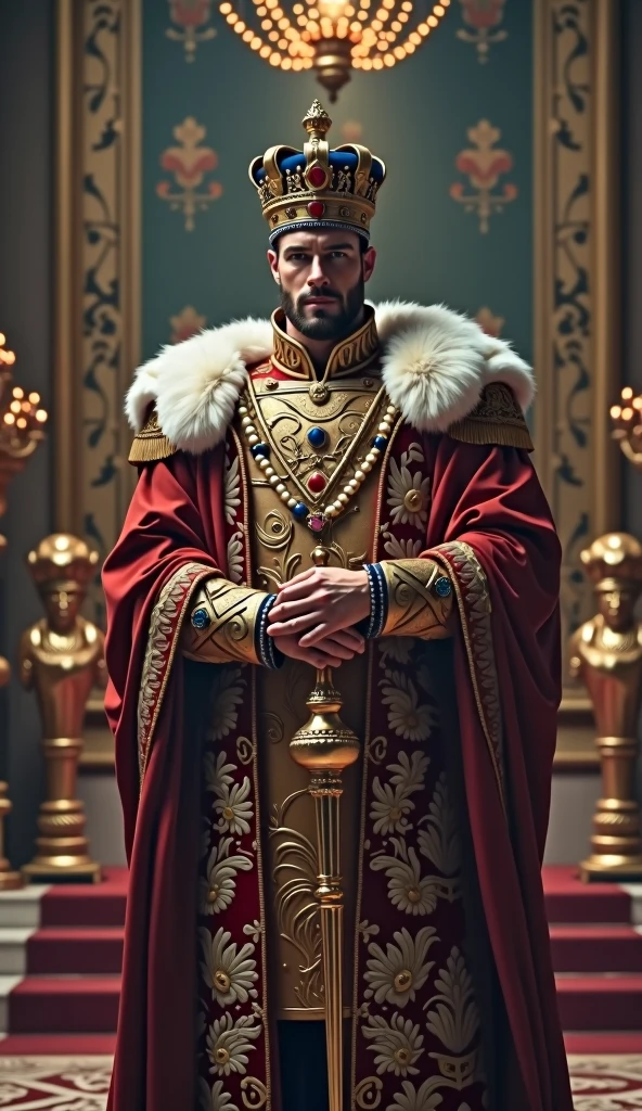 Imposing, strong and handsome emperor with European features wearing a crown and holding a scepter