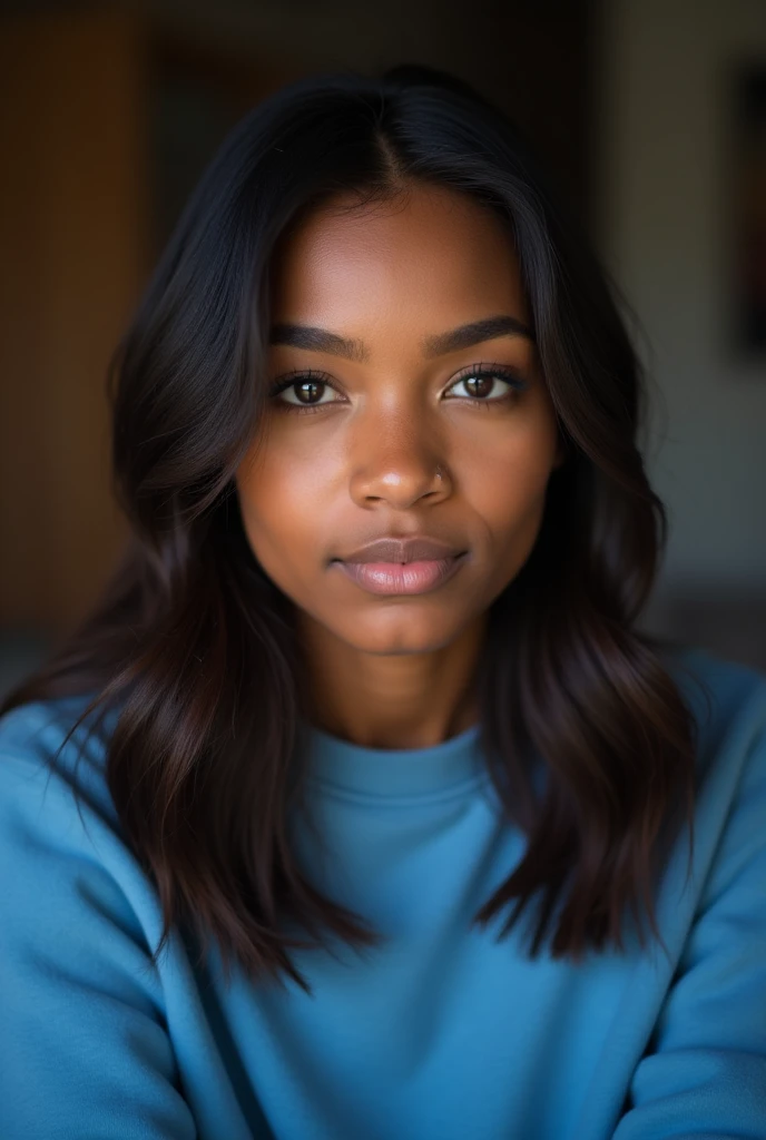 Make one about 23 years old, dark skin tone, looking directly at the camera lens and close to the camera, blue sweatshirt, medium and straight hair. PICTURE REALISTIC.