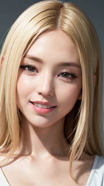 Realistic, masterpiece, Highest quality, Highest Resolution, Japanese schoolgirl, , Upper body photo, She narrowed her eyes.、Look at me with a shy smile, Laughing with your mouth open, Beautiful and detailed eye drawing, (Droopy eyes:1.3), Iris, Thin eyebrows, Draw eyelashes carefully, Small teeth visible, Gal Makeup, (Blonde, Medium Hair, middle part:1.3), (Hidden eyelid wrinkles:1.3), He's wearing a neat white button-up shirt.., She is wearing a short, grey, pleated skirt., A was photographed diagonally from below, School classroom