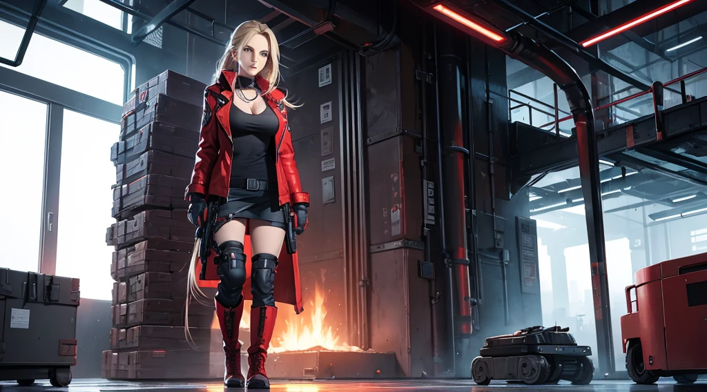 A woman, 20 years old, long blonde hair, tall boots, futuristic red jacket, tank top, cleavage, military pants, tech equipment, Jill valentine, dog tag, full body, white background