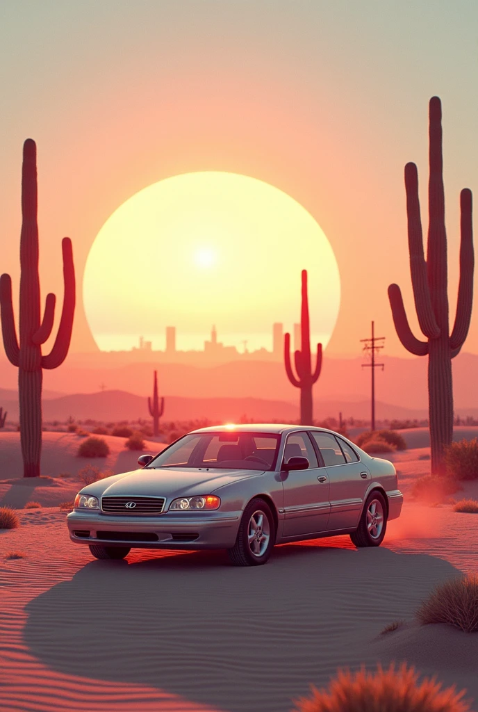 Hyundai sonata ef 1999 silver color, Cyberpunk Desert, sunrise