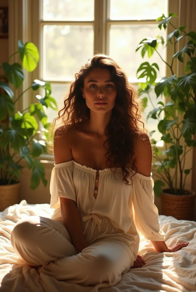(photorealism:1.2), beautiful woman, sitting on bed, wearing loose off-shoulder top, pajama pants, long curly hair, indoors, soft lighting, plants in background, window with sunlight, cozy room, relaxed pose, realistic, intricate details, warm colors, by Greg Rutkowski, by Alphonse Mucha