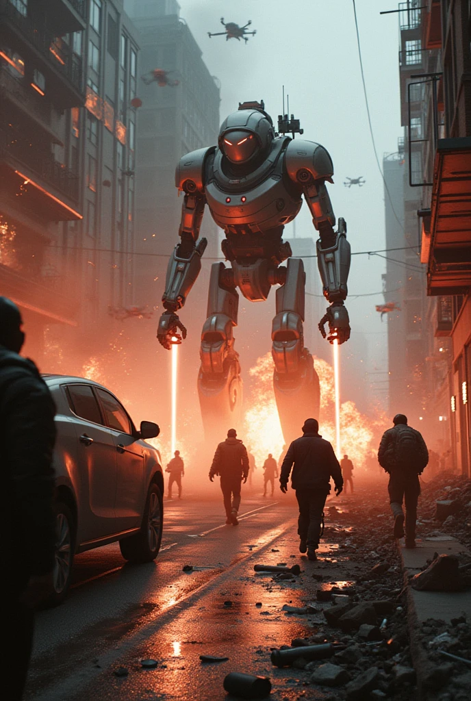 
An epic battle scene on the streets between humans and robots. Robots use lasers and drones while humans fight with improvised weapons and clever tactics. A human throws a device that temporarily disables a group of robots