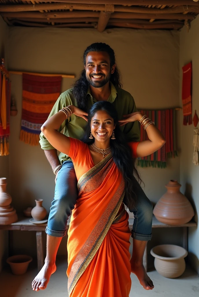 A smiling and beautiful indian woman with tied hair lifting and carrying a stout man on her shoulders, man is sitting on woman's shoulders, in a village room