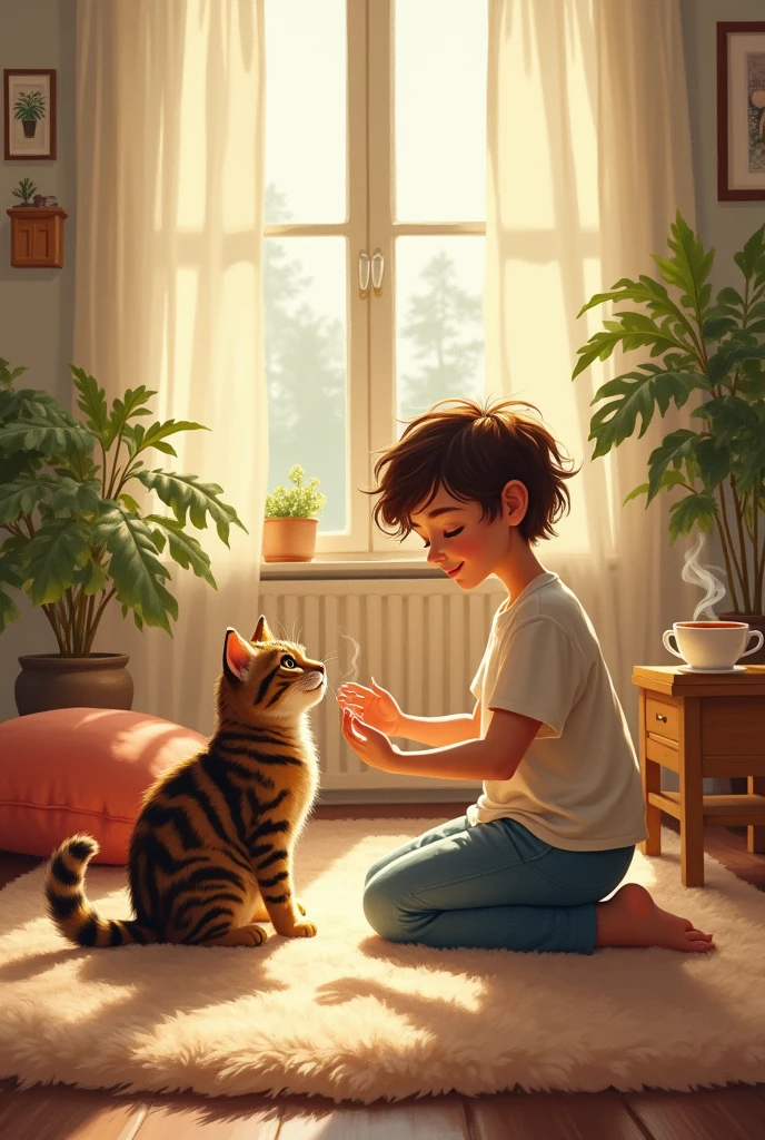 Create a person calling a cat to sit on their lap