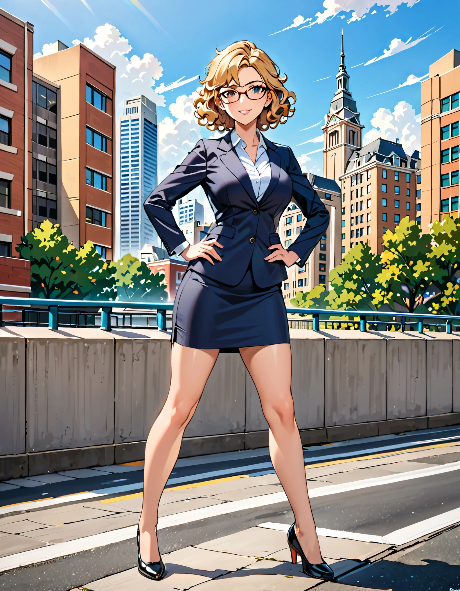 masterpiece, best quality, hires, 1girl, medium breasts, suit, skirt, pencil skirt, bare legs, glasses, shoes, city backdrop, solo, single, hands on hip, standing, full body shot, cowboy shot, beautiful detailed eyes, beautiful detailed face, (blonde hair, (short hair, wavy hair)), high school backdrop, outdoors, mature lady, teacher, perfect body, good proportions