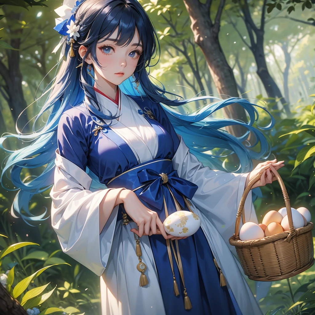 A beautiful female in blue hanfu dress , Holding a large woven basket, full of eggs and cut meat in the forest,close up
