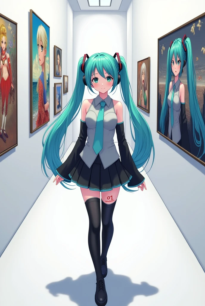 Anime art, anime style, detailed drawing, white background, high definition, high quality, one girl, solo, Miku Hatsune, aqua hair, twintails, headphones, 01 (red number tattoo on the left hand), grey shirt, collared shirt, sleveless shirt, black sleeves (aqua line), detached sleeves, five fingers, aqua nails, aqua necktie, black skirt (aqua line), pleated skirt, mini skirt, zettai ryouiki, thigh boots, black thigh-high (aqua line)
Miku Hatsune walking in art gallery; she looks at the wall; there's a painting of her on the wall