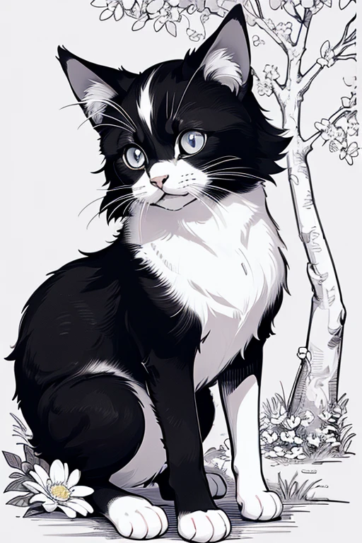 a black and white outline drawing of a kitten, What would be easy to color in. The animal should be depicted in a positive and friendly pose.., with an emphasis on its characteristic features . big eyes, Fluffy tail. Add elements of nature around it, For example, trees, flowers or other animals, to create an interesting background and additional details for coloring. The drawing style should be simple and clear., Suitable for children."