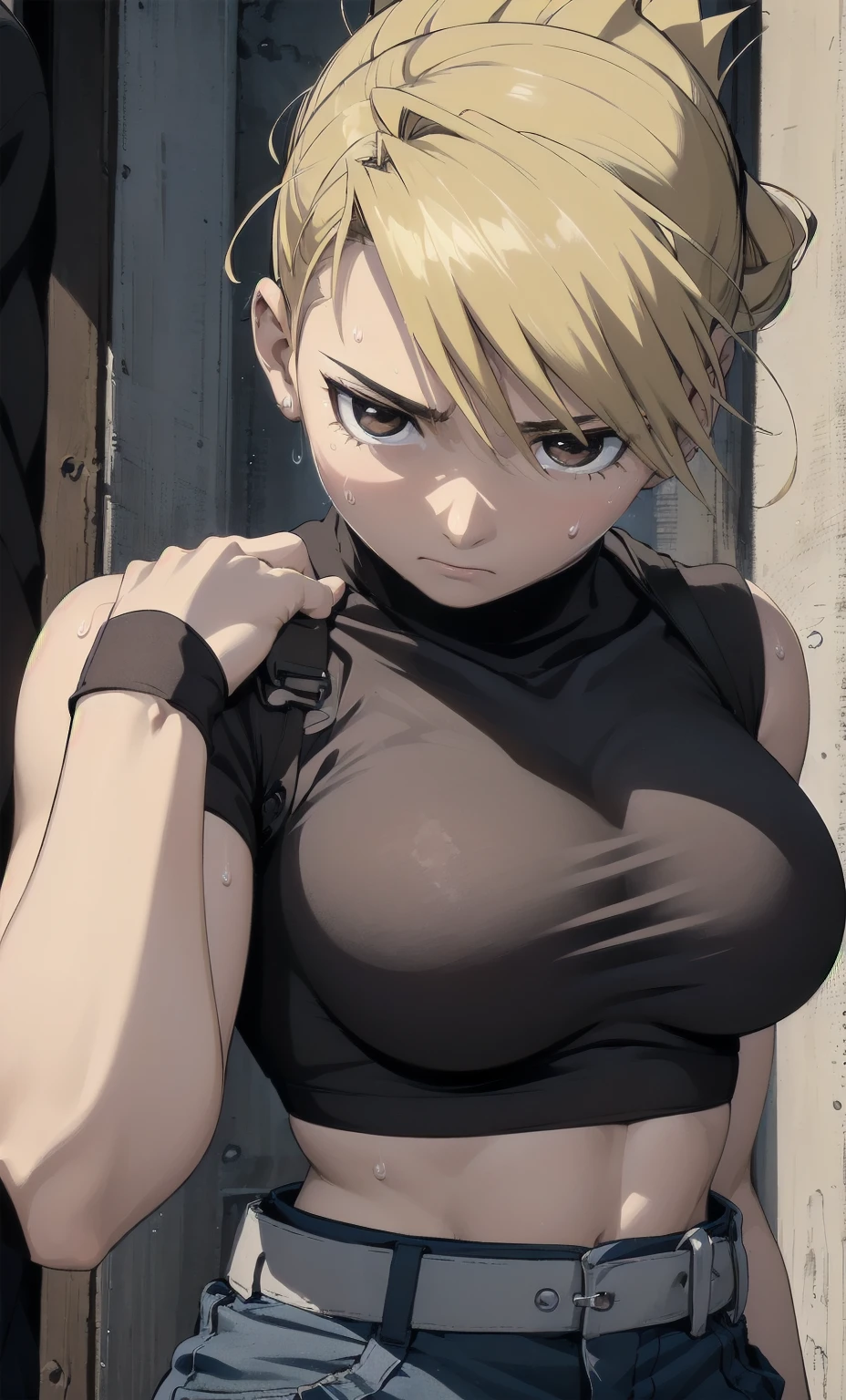 masterpiece, highest quality, High resolution, One Girl, Hamriz, ponytail, Brown eyes,big , Black Shirt, Tight shirt, holster, Short sleeve, belt, Covered navel, Blue pants,indoor、Upper body close-up、Muscular body、blush、Sweat、Composition from the front、anime、(((Close-up of a person、大きなおっぱい、Both armpits exposed、Sweat、Look forward)))