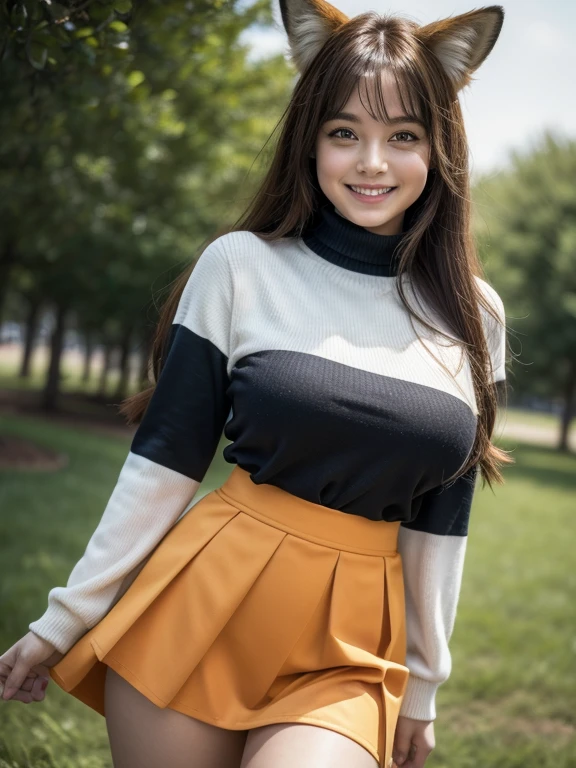 ((Highest quality, 8k)), ((masterpiece)), (Highest Resolution), Perfect Face, Fox Woman, Female college student, Beautiful woman, Outdoor, only one tail, she has thick thighs, Her large tail, Her orange fox tail, She wags her tail, Smiling with teeth showing, Fur collar, she is wearing a short skirt, Big Breasts, Beautiful Hips , The fox tail is sticking out from her skirt.