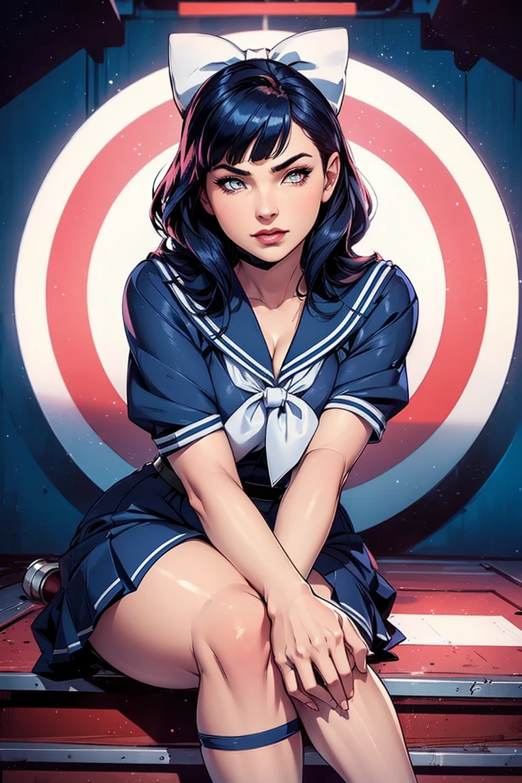 A new woman, sitting, extremely lifelike, very beautiful in a blue dress, schoolar uniform, I'm aiming at a target, sexly, big-ass, legs thick