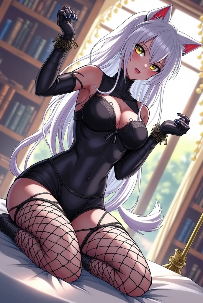 ((best quality)), ((masterpiece)), (detailed), ((highres)), In lavish manor library,  extremely long white hair. Fluffy white cat ears. Long white cat tail on butt, 1catgirl, 20 year old, Curvy body, selfish, conceited, bratty, snickering, naked. Heterochromatic eyes, one blue eye, one gold eye. No shoes, black fishnets, nude, no clothes, provocative pose
