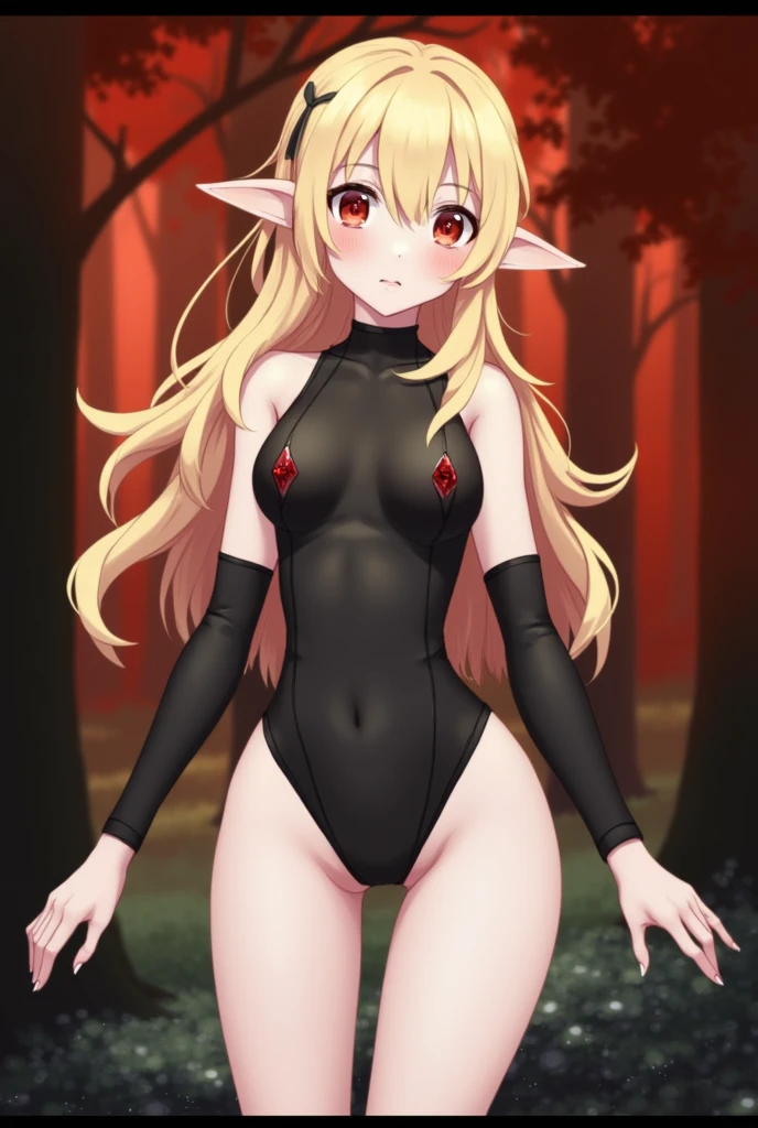 masterpiece, best quality, high resolution,
3rd, FinalCostume,
1girl, Alone,
elf ears, sin corona, with a ruby earring, without cape, with black leotard, necromancer costume, big red eyes, too small bust. She's completely blushing because she received a hug from her beloved.. Her lover is a very thin boy with brown hair., He is very shy and comes out hugging the girl. He is taller than her..